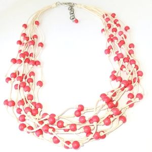 SALE!Hot Pink Wood Beads & Cotton Cord 24 in. Necklace  Silvertone Lobster Clasp